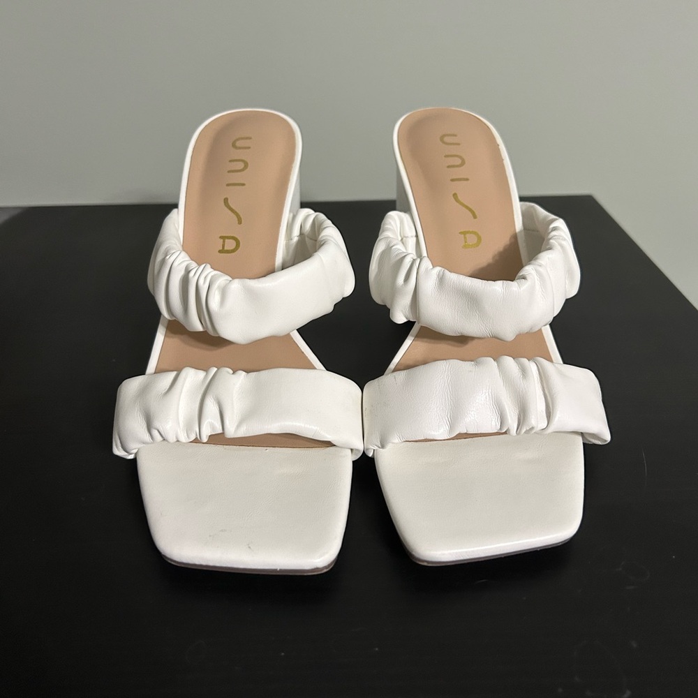 UNISA White Ruched Strap Slide Block Heel Sandals